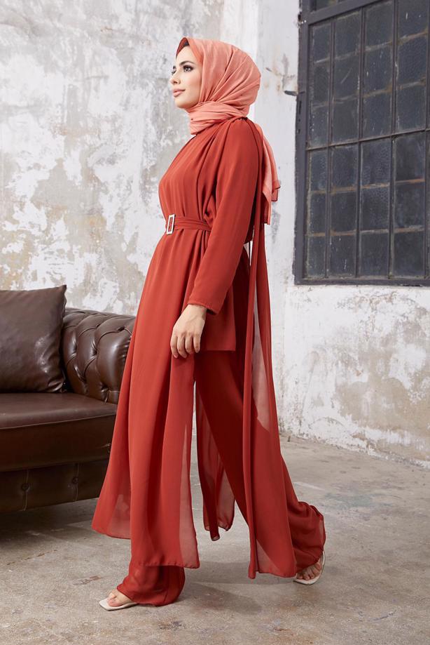 Vêtements hijab  LACE DETAIL CHIFFON 2-PIECE PANTS SUIT 9610   - TRENDTESETTÜR