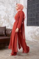 Vêtements hijab BRUN COSTUME PANTALON 2 PIÈCES EN MOUSSELINE AVEC DENTELLE 9610