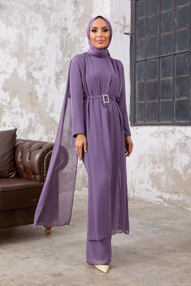 Vêtements hijab  LACE DETAIL CHIFFON 2-PIECE PANTS SUIT 9610   - TRENDTESETTÜR