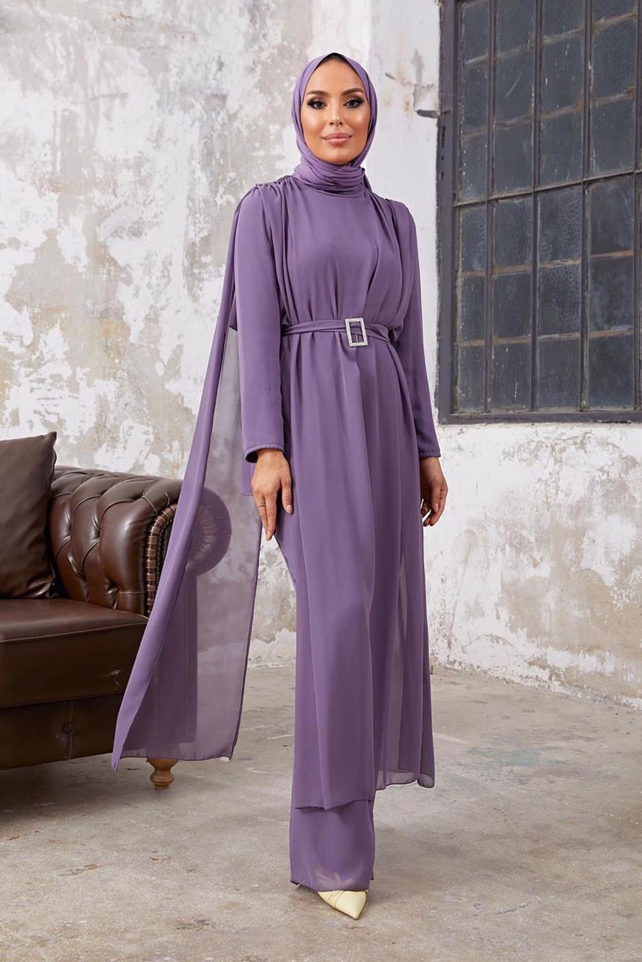Vêtements hijab POURPRE COSTUME PANTALON 2 PIÈCES EN MOUSSELINE AVEC DENTELLE 9610