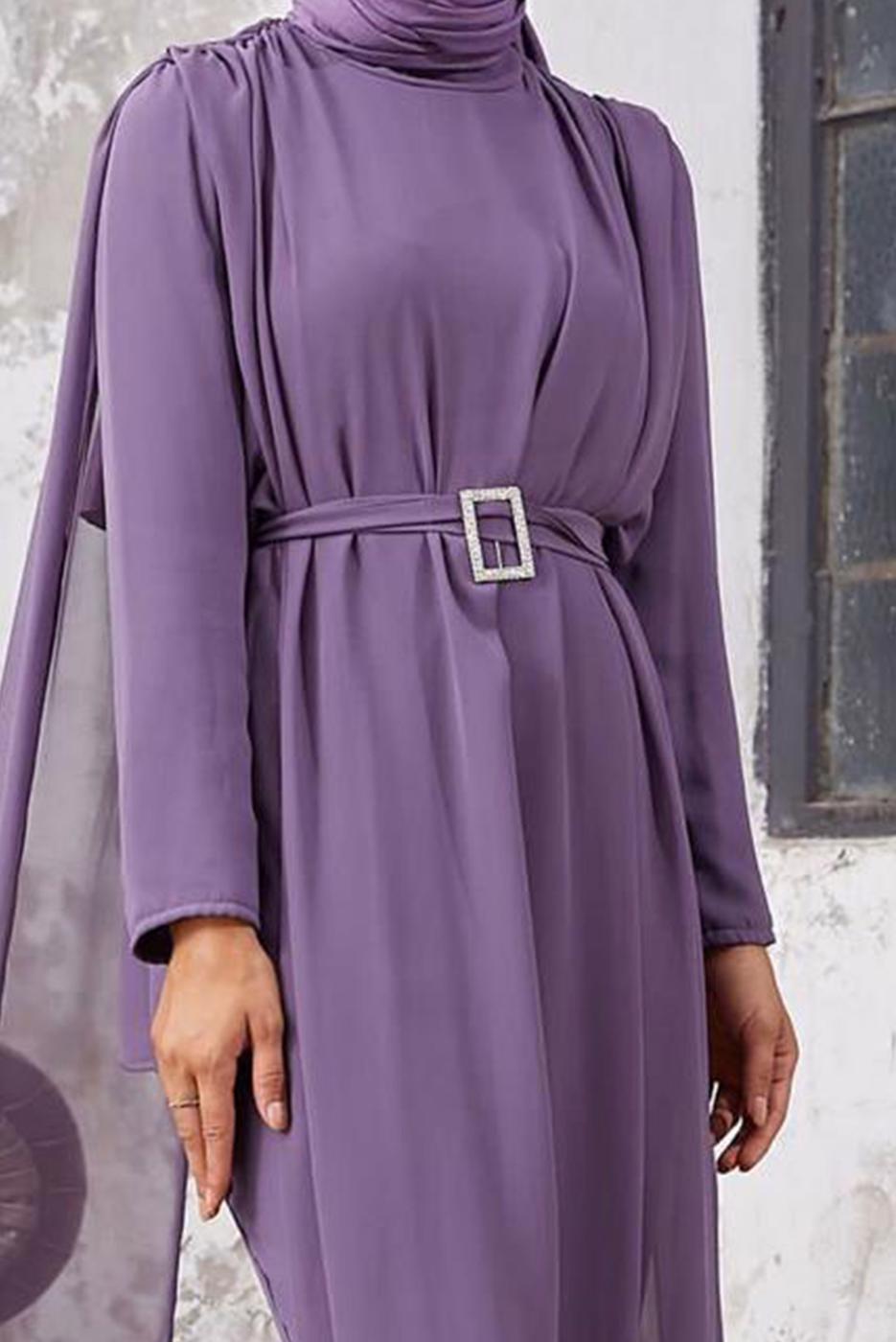 Vêtements hijab POURPRE COSTUME PANTALON 2 PIÈCES EN MOUSSELINE AVEC DENTELLE 9610