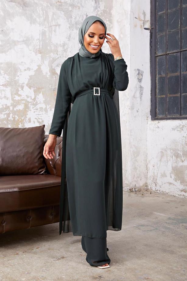 Vêtements hijab  LACE DETAIL CHIFFON 2-PIECE PANTS SUIT 9610   - TRENDTESETTÜR