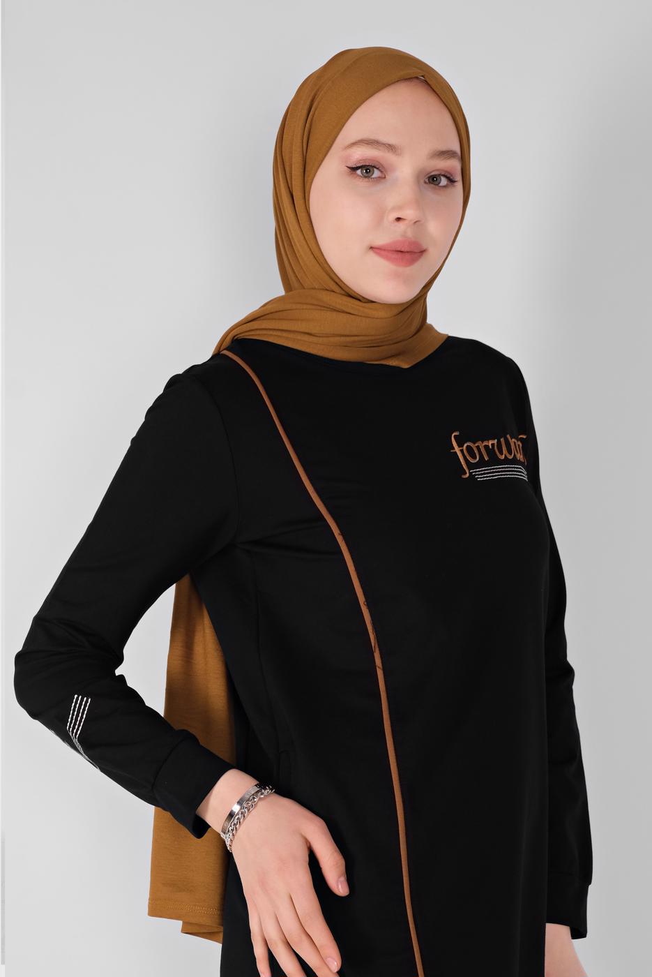 Vêtements hijab NOIR SURVÊTEMENT À BANDES IMPRIMÉES AVEC PANTALON 9619