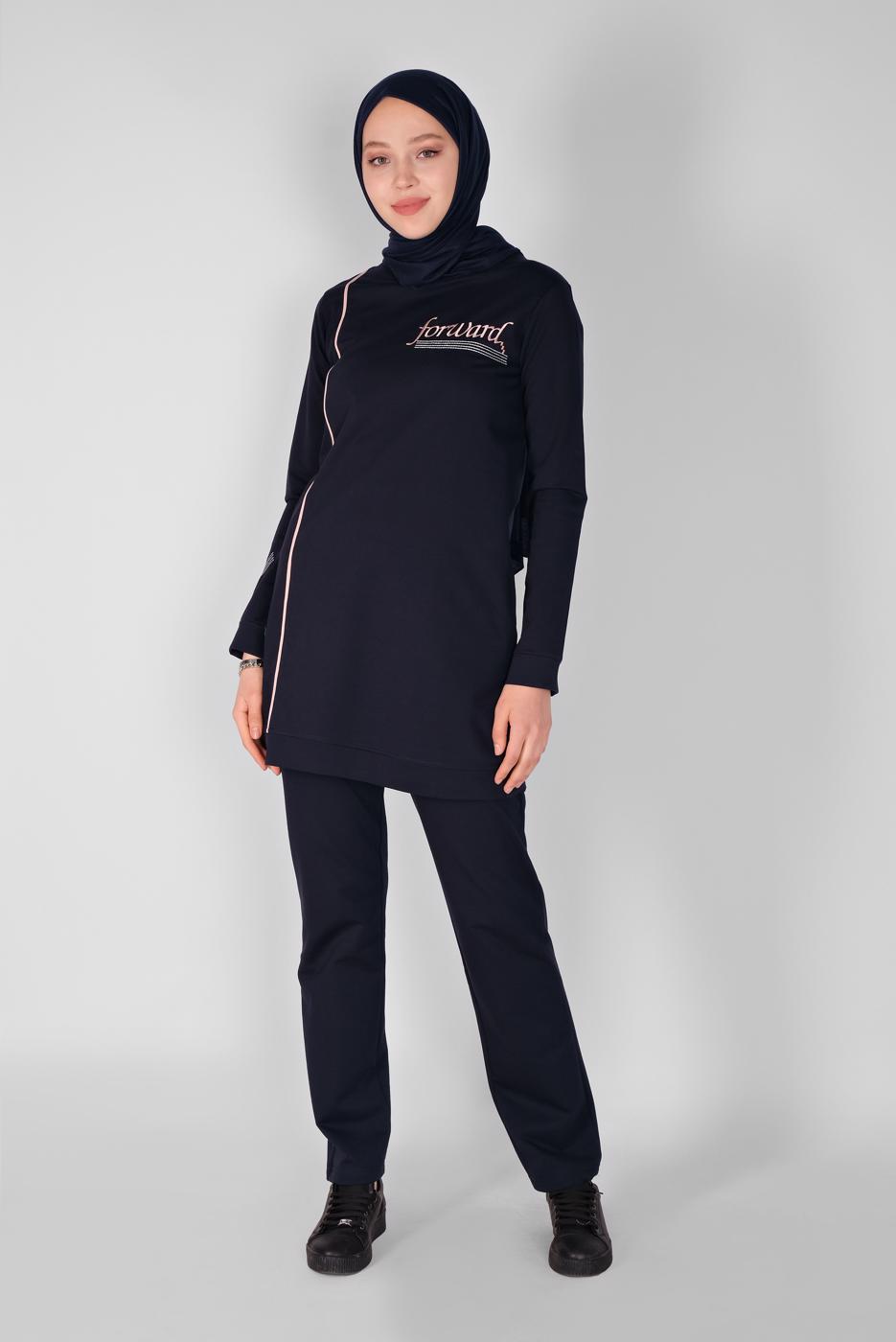 Vêtements hijab BLEU MARINE SURVÊTEMENT À BANDES IMPRIMÉES AVEC PANTALON 9619