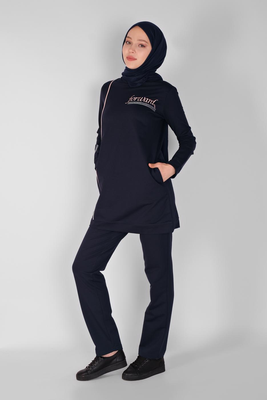 Vêtements hijab BLEU MARINE SURVÊTEMENT À BANDES IMPRIMÉES AVEC PANTALON 9619