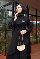 Tesettür giyim SİYAH ASİMETRİK KESİM KUŞAKLI PANTOLONLU TAKIM  9700  
