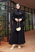 Tesettür giyim SİYAH ASİMETRİK KESİM KUŞAKLI PANTOLONLU TAKIM  9700  