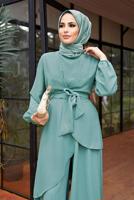 Hijab clothing GREEN ASYMMETRIC CUT BELTED SUIT WITH PANTS 9700  