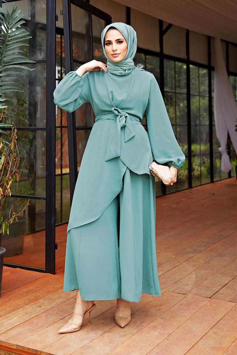Hijab clothing GREEN ASYMMETRIC CUT BELTED SUIT WITH PANTS 9700  