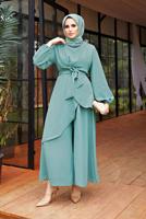 Hijab clothing GREEN ASYMMETRIC CUT BELTED SUIT WITH PANTS 9700  