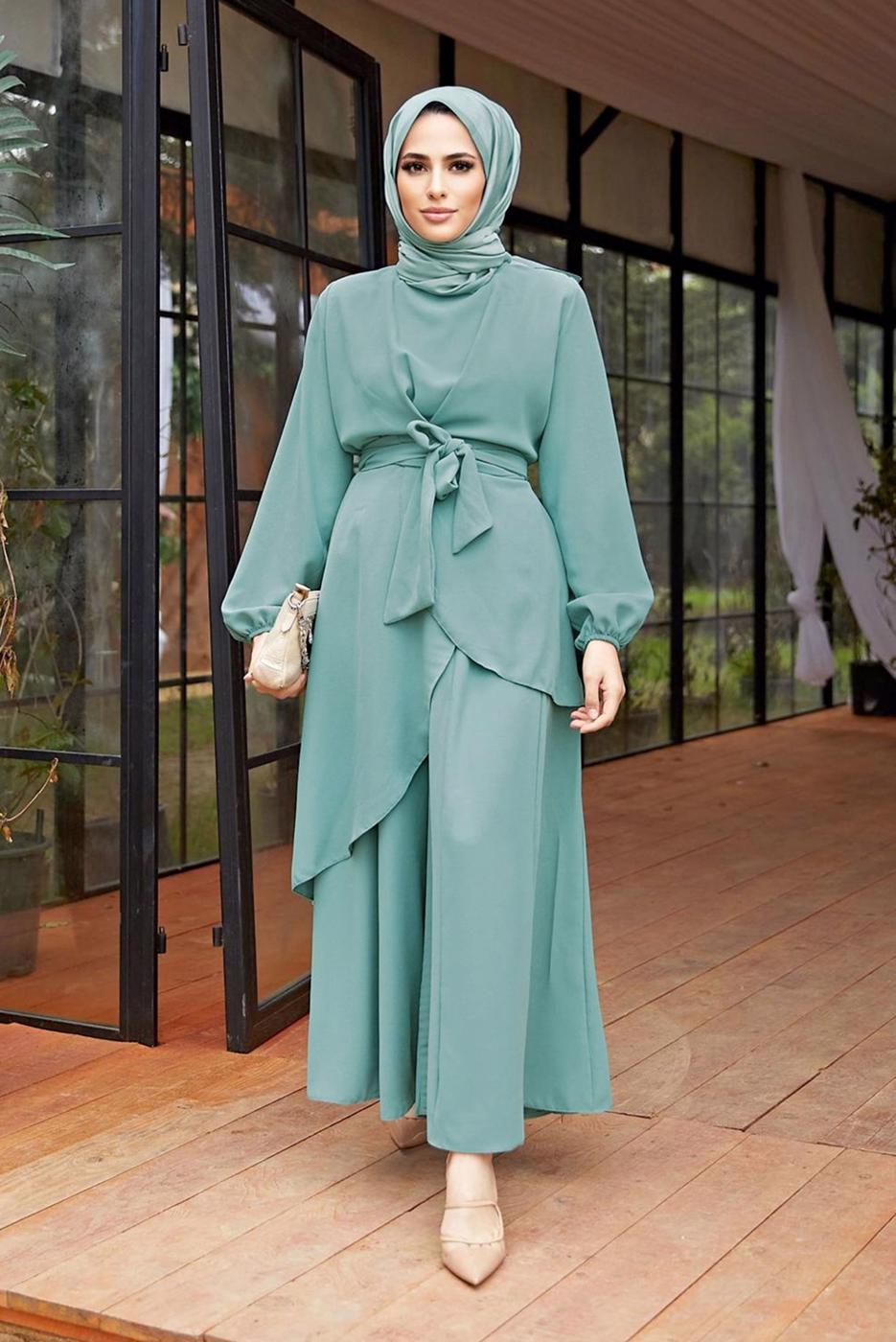 Hijab clothing GREEN ASYMMETRIC CUT BELTED SUIT WITH PANTS 9700  