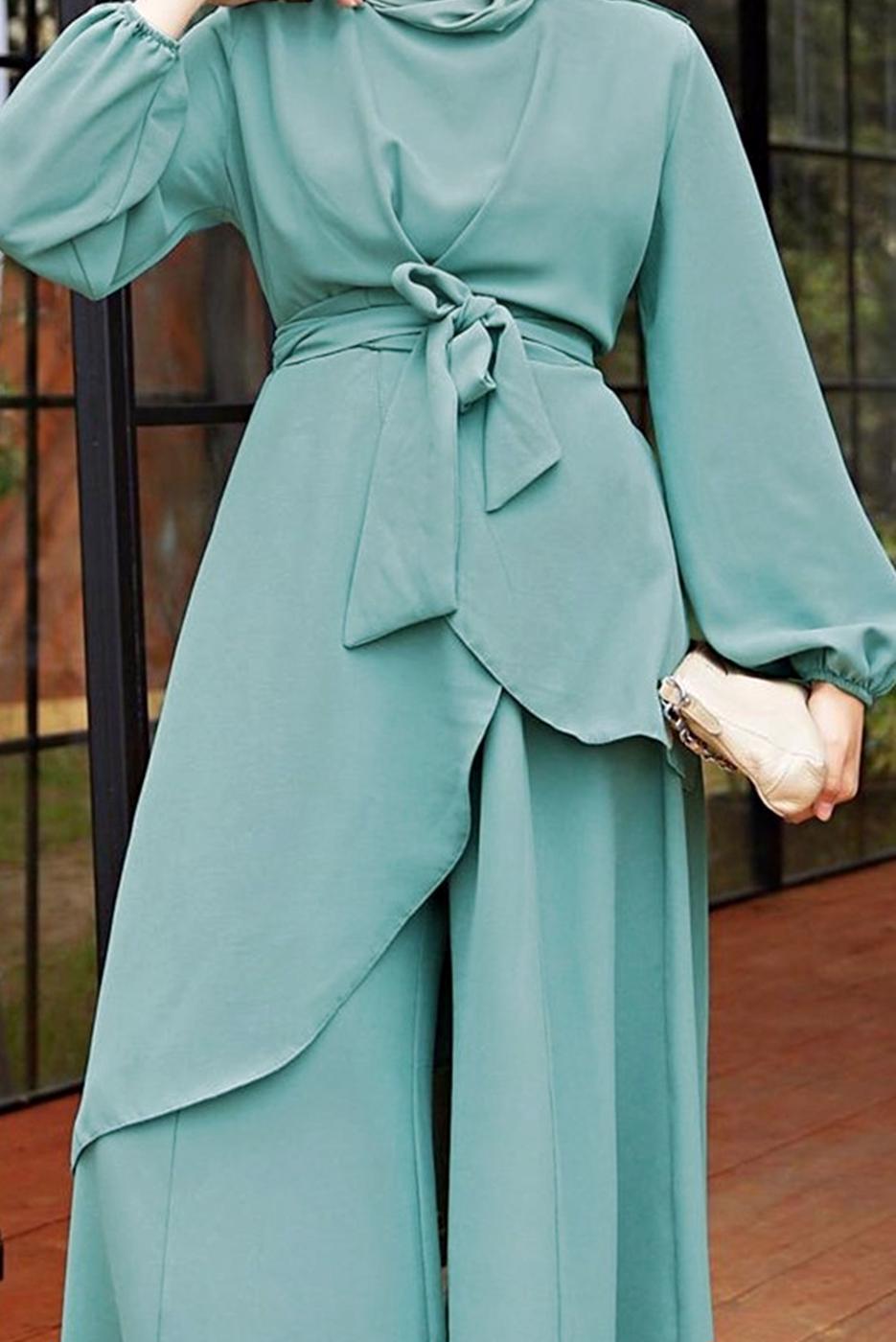 Hijab clothing GREEN ASYMMETRIC CUT BELTED SUIT WITH PANTS 9700  