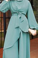 Hijab clothing GREEN ASYMMETRIC CUT BELTED SUIT WITH PANTS 9700  