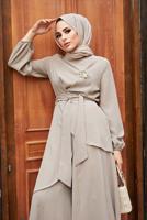 Tesettür giyim VİZON ASİMETRİK KESİM KUŞAKLI PANTOLONLU TAKIM  9700  