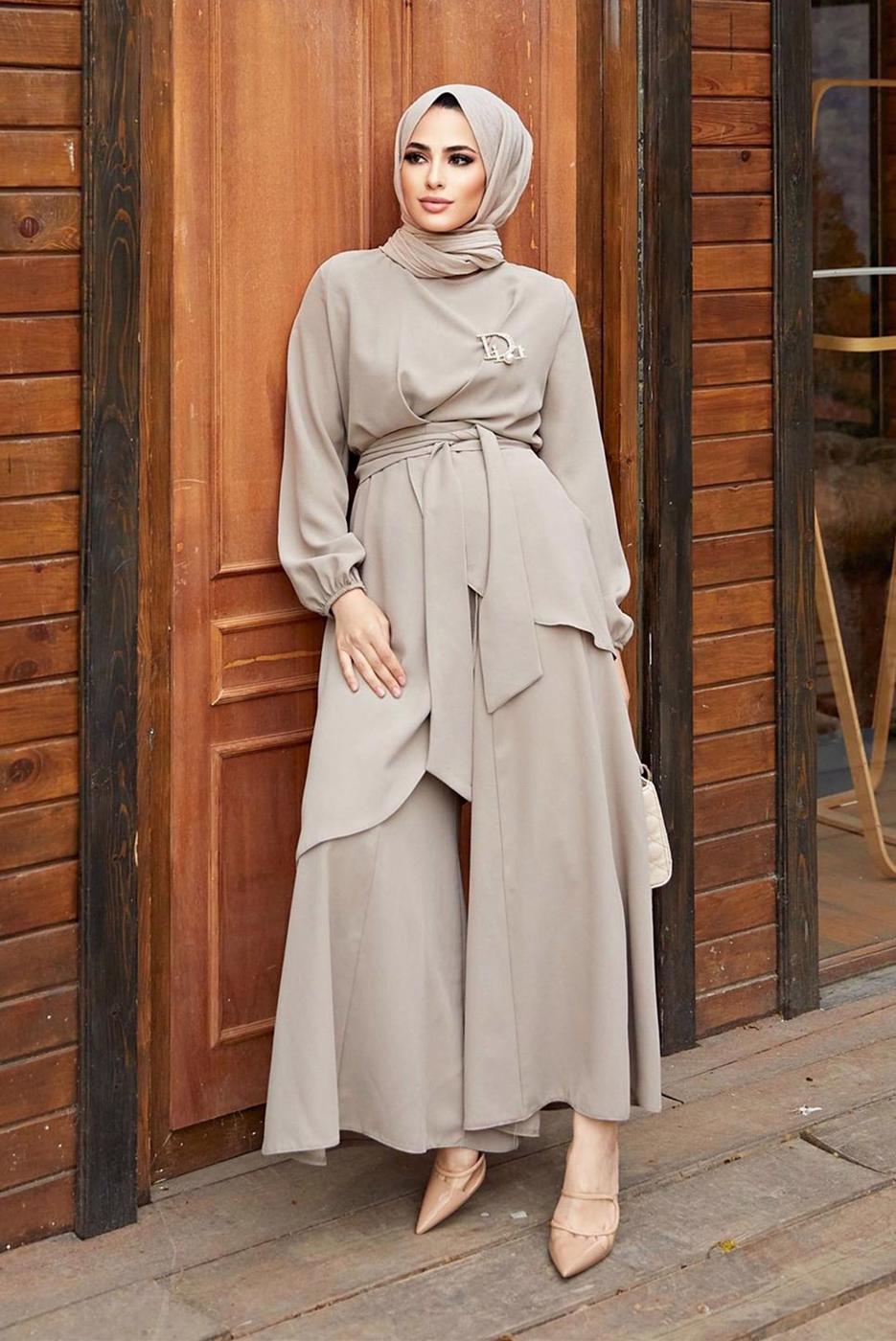 Tesettür giyim VİZON ASİMETRİK KESİM KUŞAKLI PANTOLONLU TAKIM  9700  
