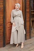 Tesettür giyim VİZON ASİMETRİK KESİM KUŞAKLI PANTOLONLU TAKIM  9700  