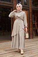 Tesettür giyim VİZON ASİMETRİK KESİM KUŞAKLI PANTOLONLU TAKIM  9700  