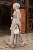 Tesettür giyim VİZON ASİMETRİK KESİM KUŞAKLI PANTOLONLU TAKIM  9700  