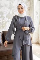 Tesettür giyim GRİ ASİMETRİK KESİM KUŞAKLI PANTOLONLU TAKIM  9700  
