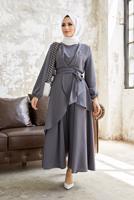 Tesettür giyim GRİ ASİMETRİK KESİM KUŞAKLI PANTOLONLU TAKIM  9700  
