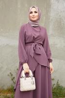 Tesettür giyim PEMBE ASİMETRİK KESİM KUŞAKLI PANTOLONLU TAKIM  9700  