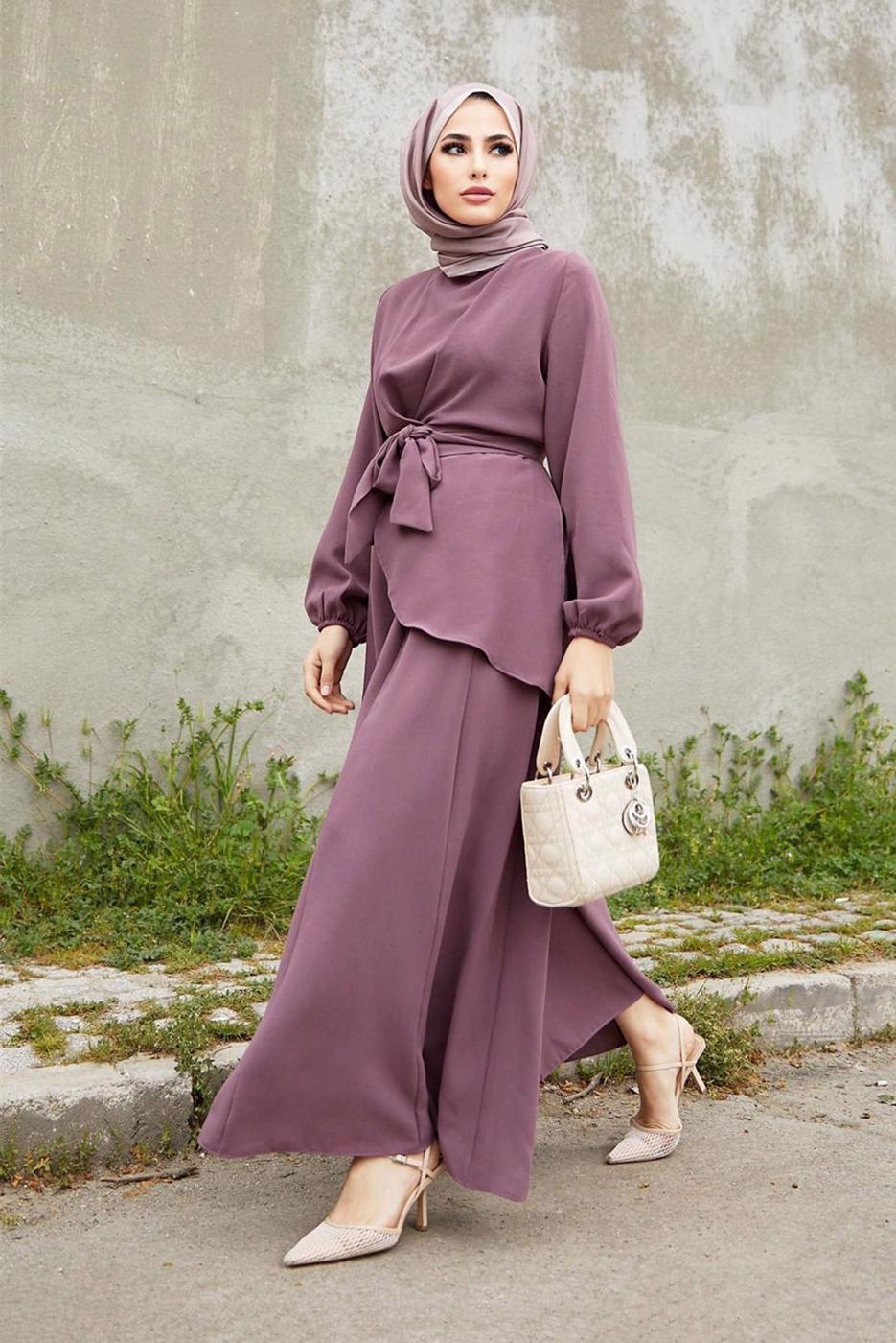 Tesettür giyim PEMBE ASİMETRİK KESİM KUŞAKLI PANTOLONLU TAKIM  9700  