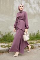 Tesettür giyim PEMBE ASİMETRİK KESİM KUŞAKLI PANTOLONLU TAKIM  9700  