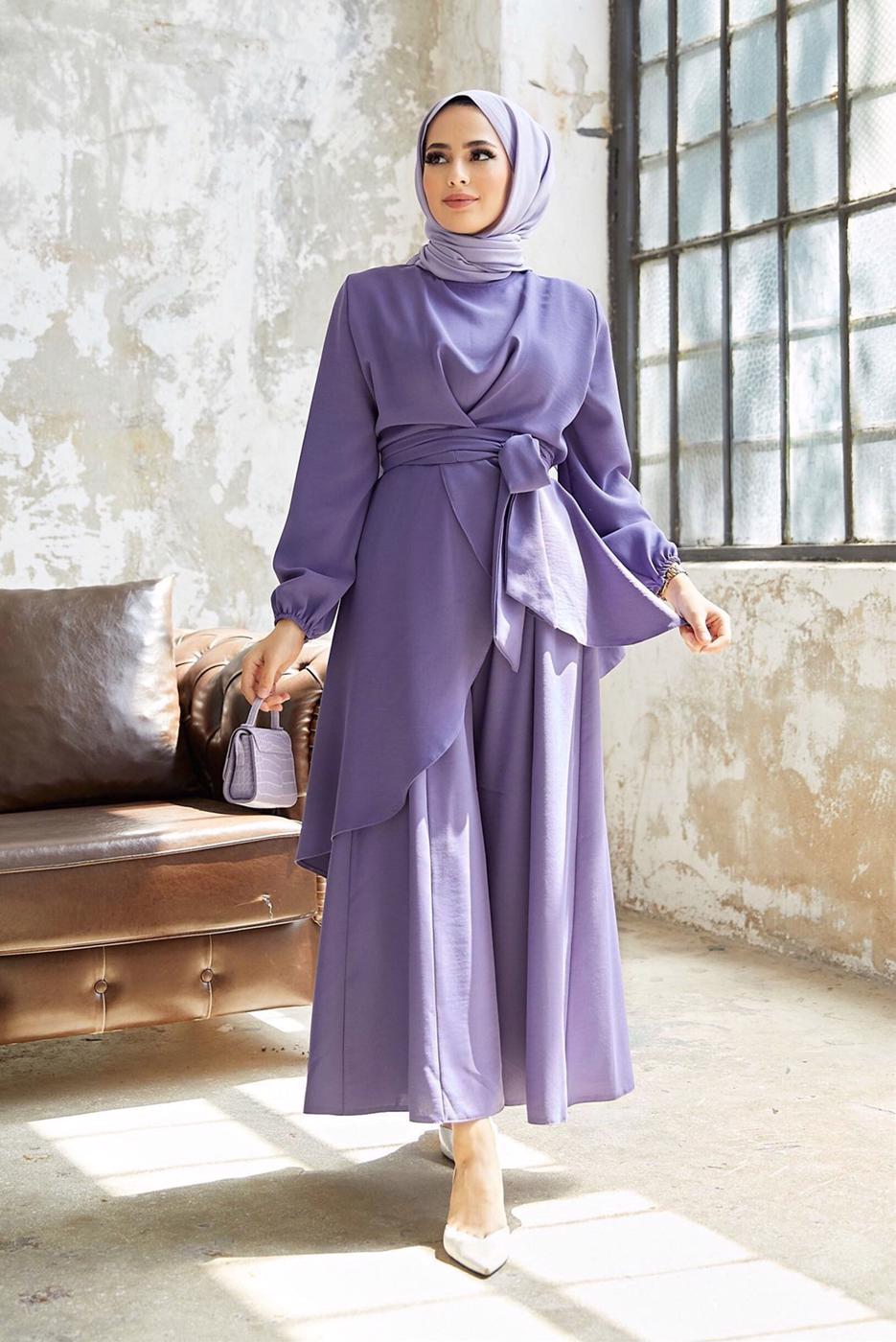 Tesettür giyim MOR ASİMETRİK KESİM KUŞAKLI PANTOLONLU TAKIM  9700  