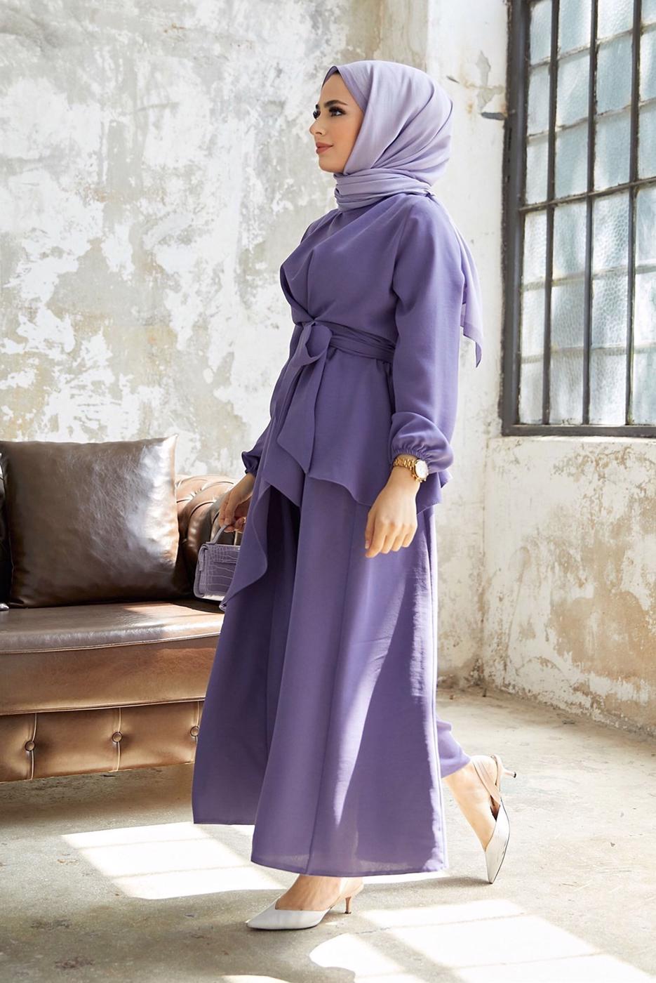 Tesettür giyim MOR ASİMETRİK KESİM KUŞAKLI PANTOLONLU TAKIM  9700  