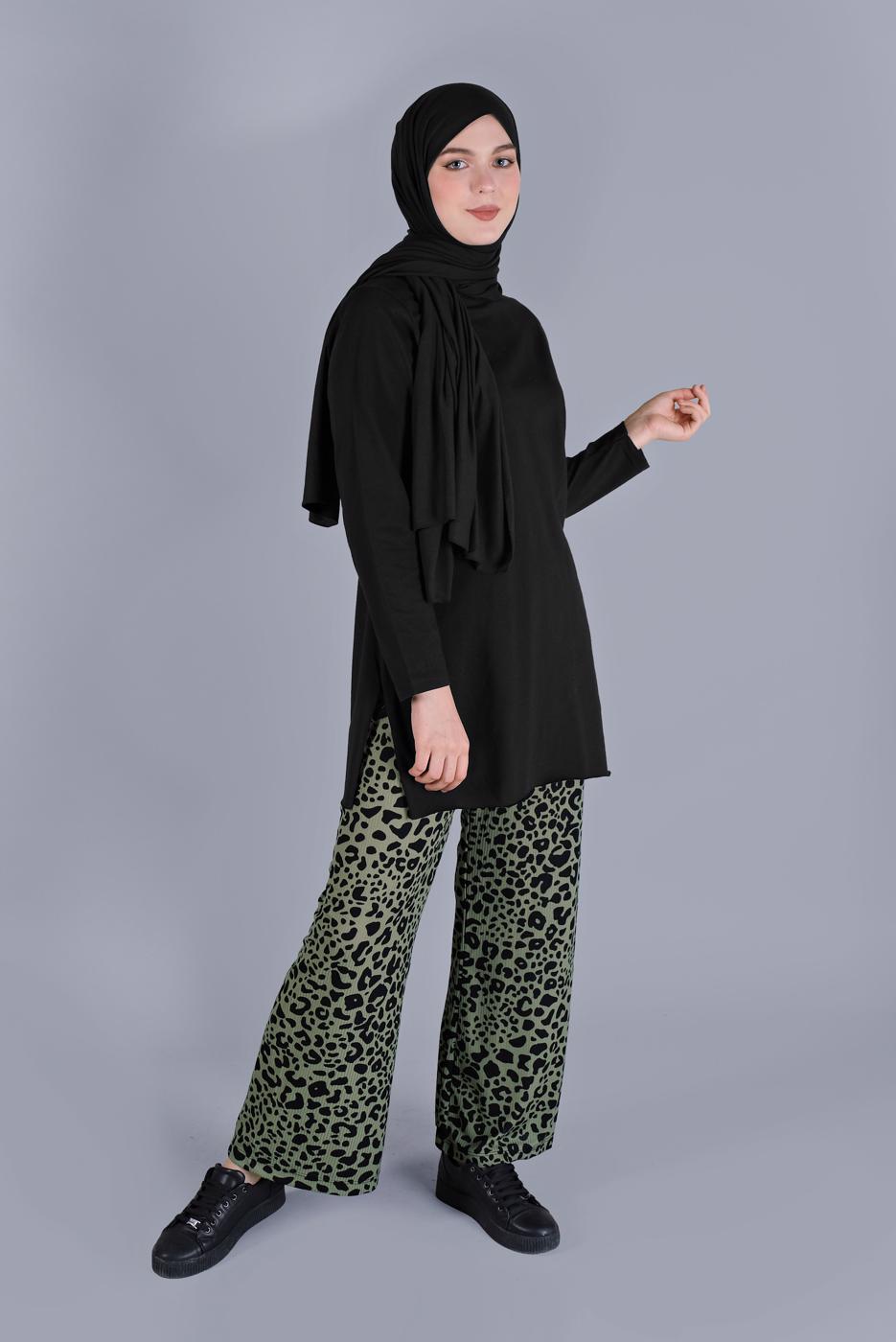 Tesettür giyim YEŞİL LEOPAR DESENLİ İKİLİ PANTOLONLU TAKIM 9866 