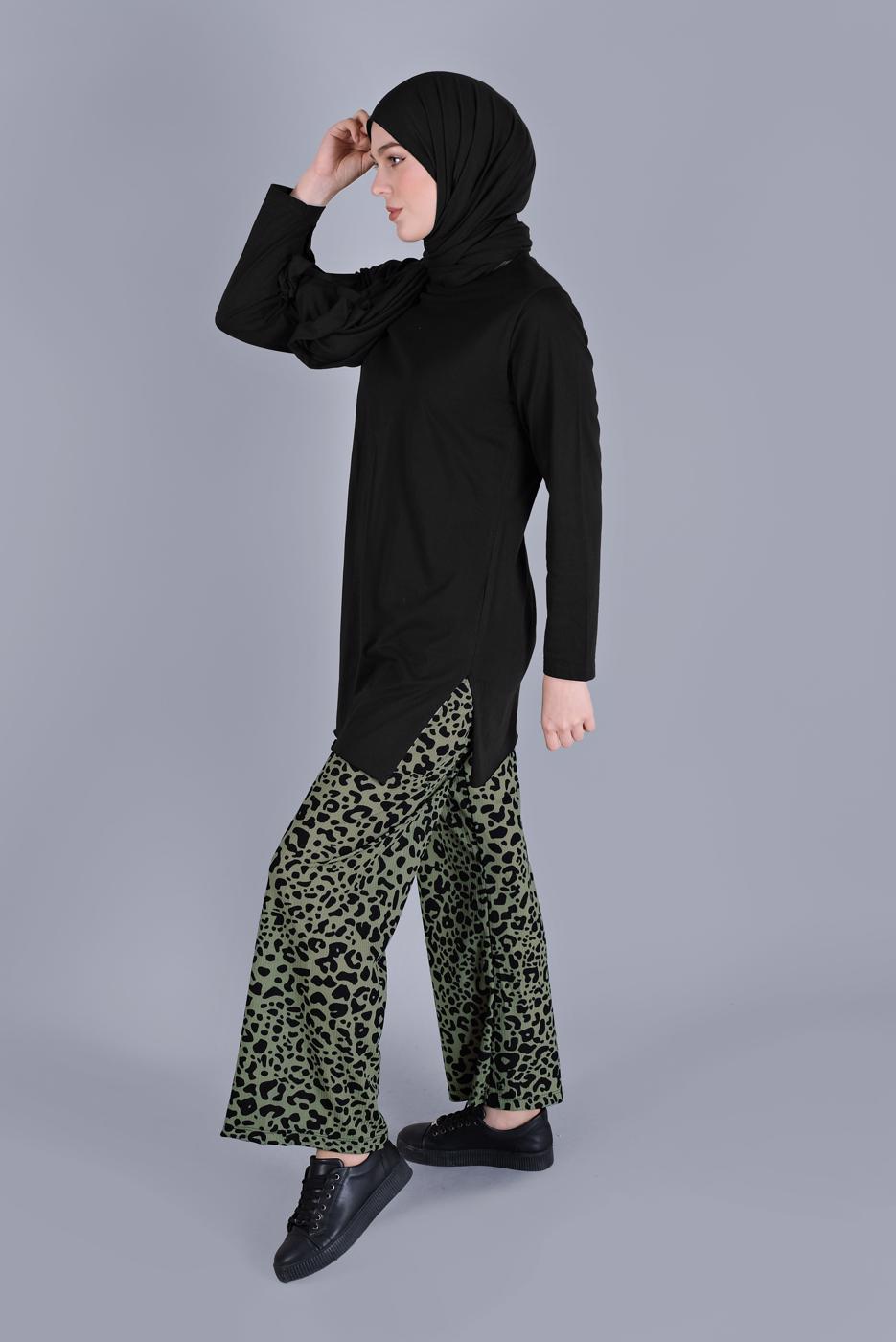 Tesettür giyim YEŞİL LEOPAR DESENLİ İKİLİ PANTOLONLU TAKIM 9866 