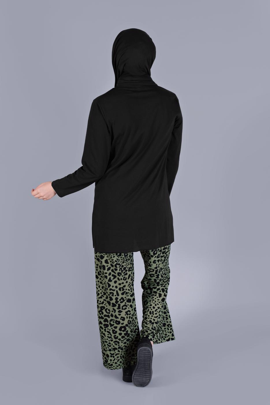 Tesettür giyim YEŞİL LEOPAR DESENLİ İKİLİ PANTOLONLU TAKIM 9866 