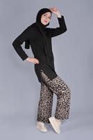 Tesettür giyim SİYAH LEOPAR DESENLİ İKİLİ PANTOLONLU TAKIM 9866 