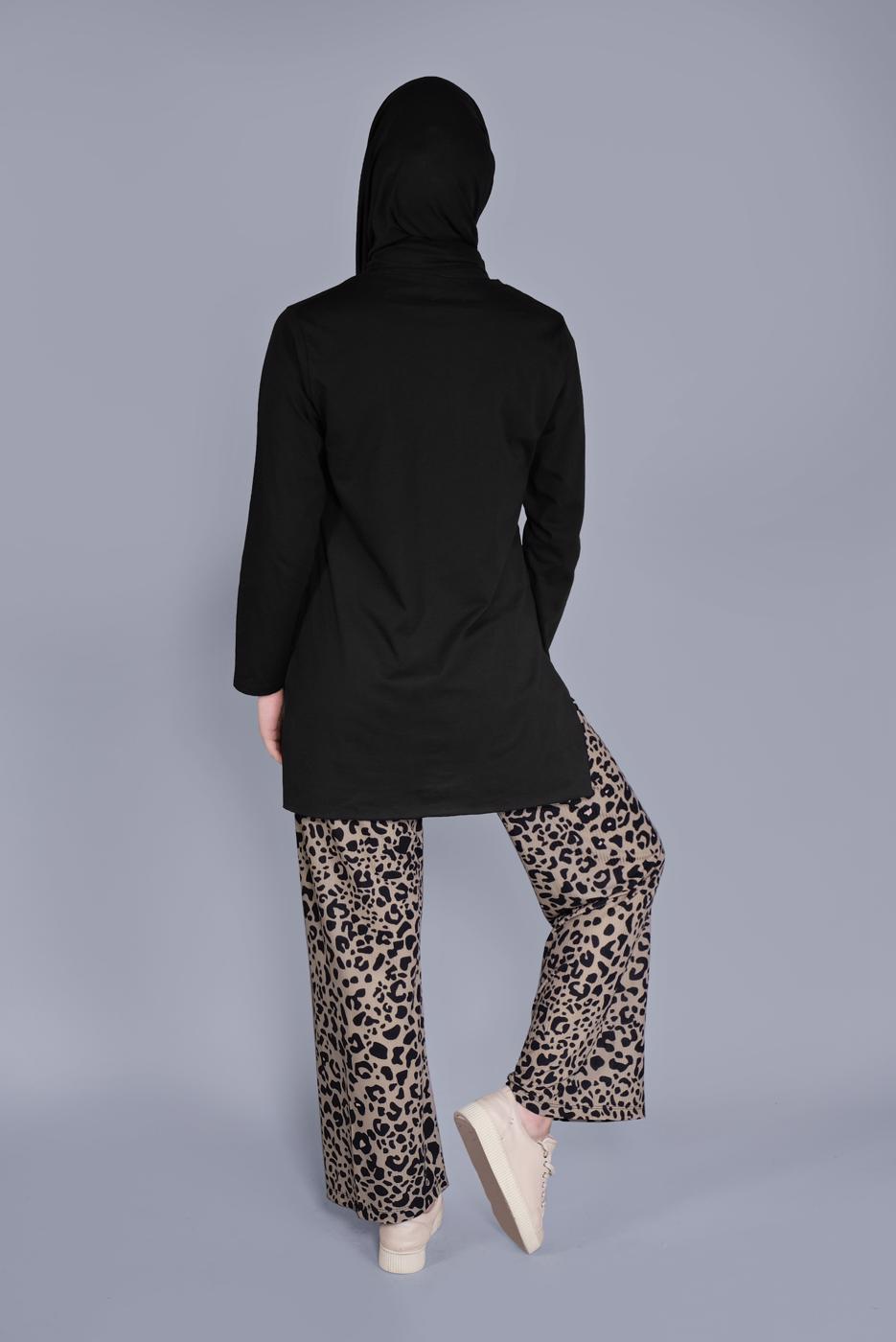 Tesettür giyim SİYAH LEOPAR DESENLİ İKİLİ PANTOLONLU TAKIM 9866 