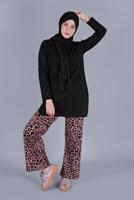 Tesettür giyim PUDRA LEOPAR DESENLİ İKİLİ PANTOLONLU TAKIM 9866 