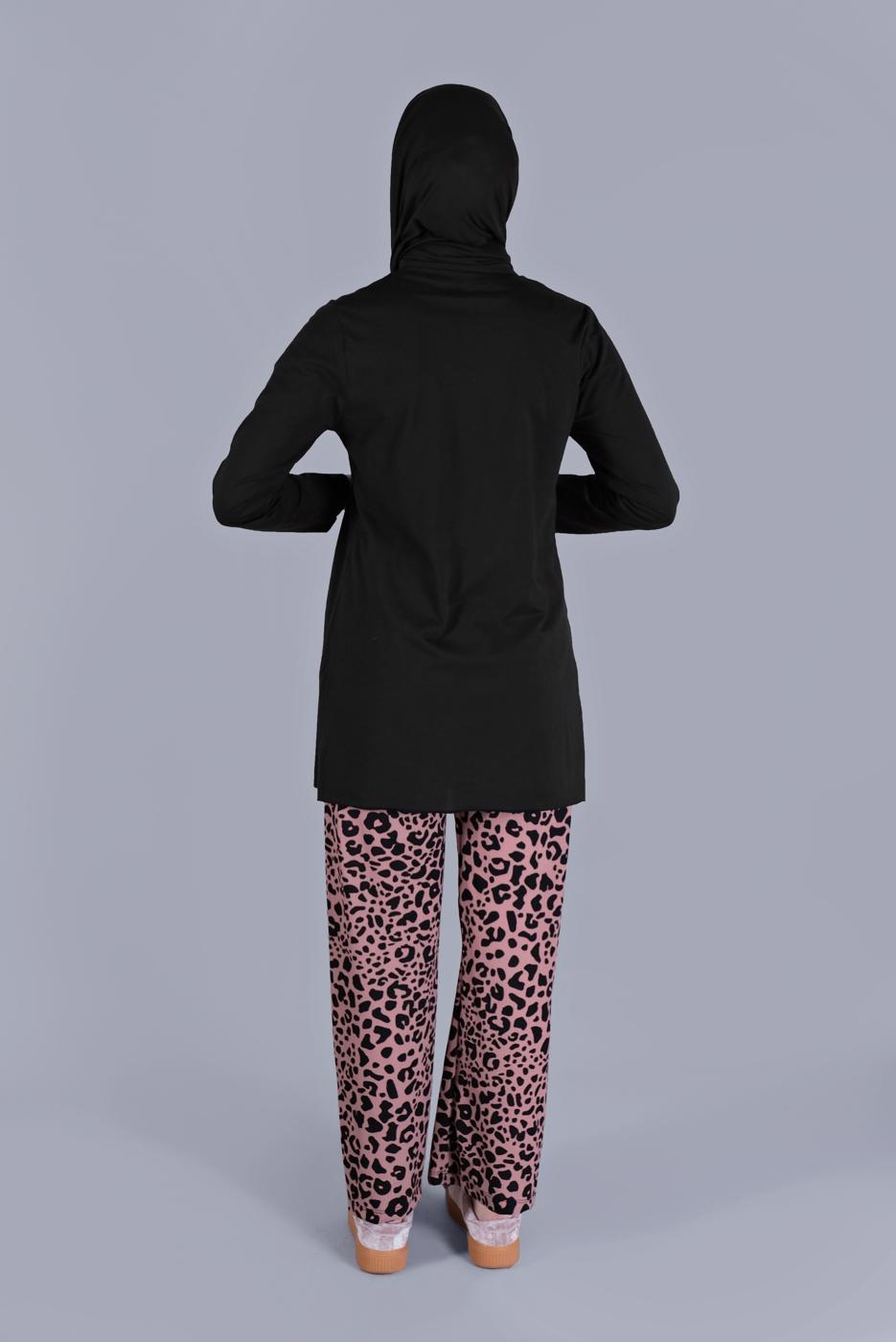 Tesettür giyim PUDRA LEOPAR DESENLİ İKİLİ PANTOLONLU TAKIM 9866 
