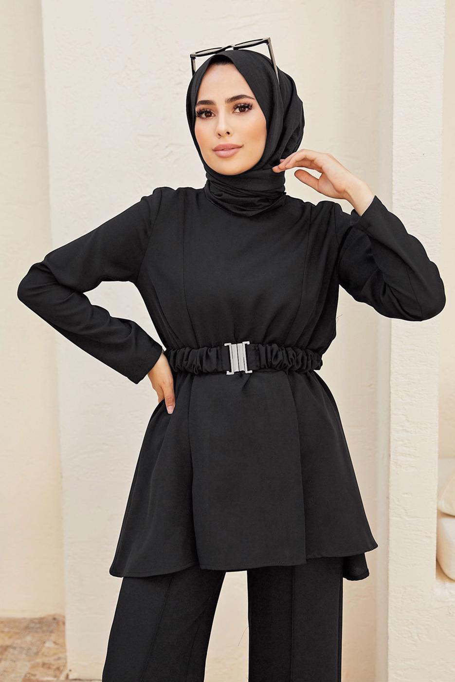 Tesettür giyim SİYAH KEMER DETAYLI PANTOLONLU TAKIM T 9900