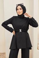 Tesettür giyim SİYAH KEMER DETAYLI PANTOLONLU TAKIM T 9900