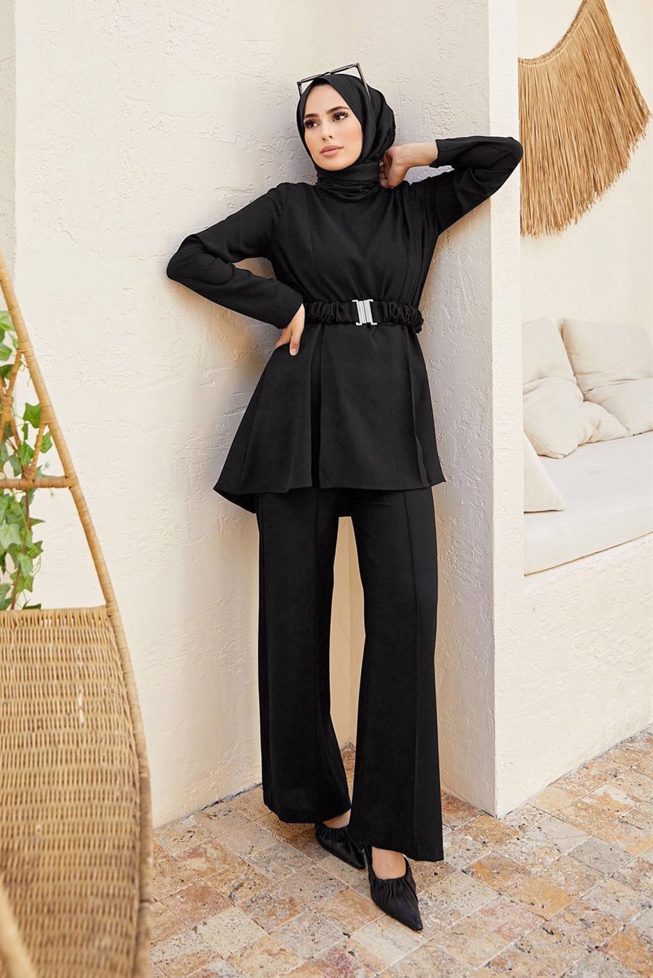 Tesettür giyim SİYAH KEMER DETAYLI PANTOLONLU TAKIM T 9900