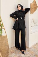Tesettür giyim SİYAH KEMER DETAYLI PANTOLONLU TAKIM T 9900