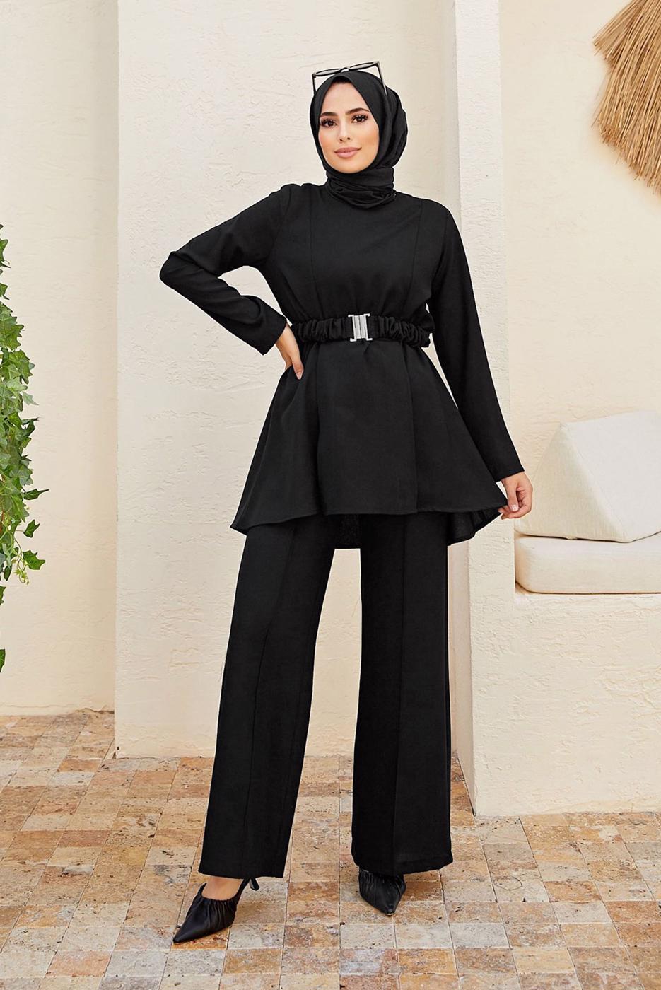 Tesettür giyim SİYAH KEMER DETAYLI PANTOLONLU TAKIM T 9900