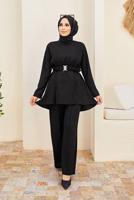 Tesettür giyim SİYAH KEMER DETAYLI PANTOLONLU TAKIM T 9900