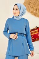 Tesettür giyim LACİVERT KEMER DETAYLI PANTOLONLU TAKIM T 9900