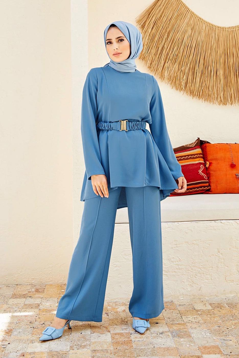 Tesettür giyim LACİVERT KEMER DETAYLI PANTOLONLU TAKIM T 9900