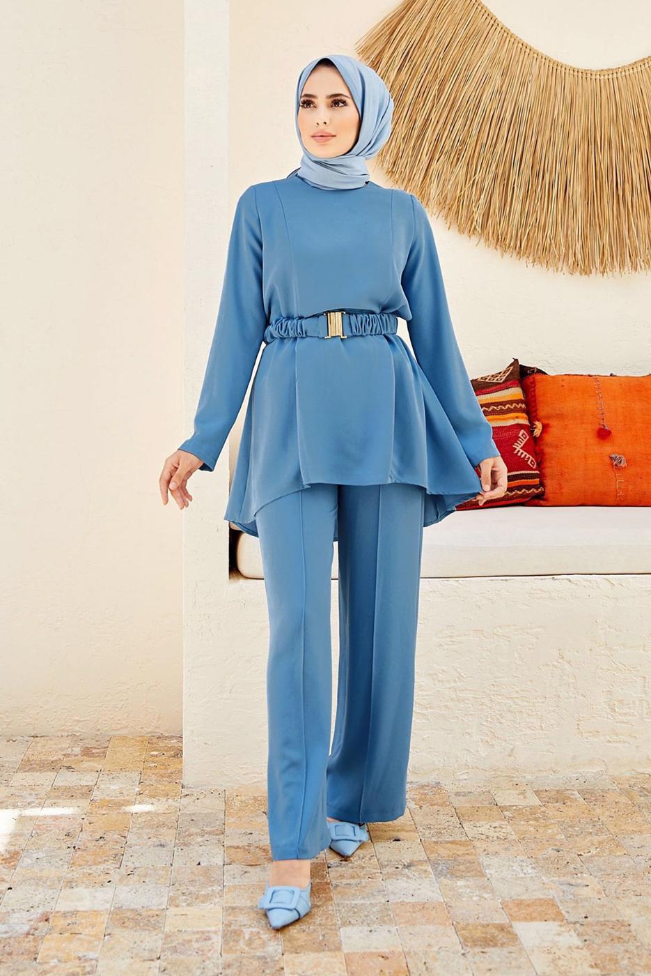 Tesettür giyim LACİVERT KEMER DETAYLI PANTOLONLU TAKIM T 9900