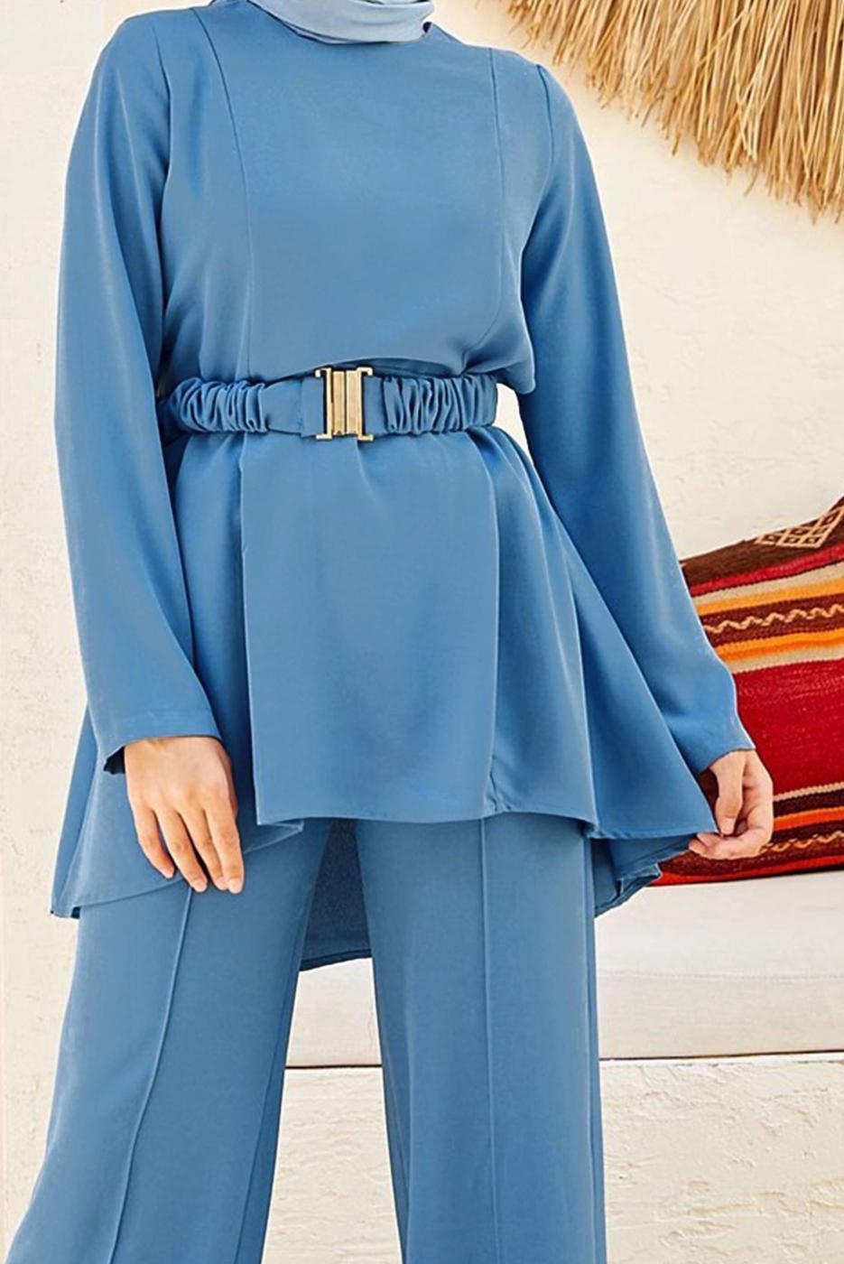 Tesettür giyim LACİVERT KEMER DETAYLI PANTOLONLU TAKIM T 9900