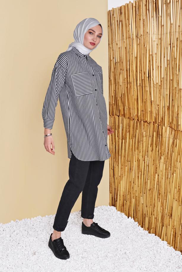 Vêtements hijab  STRIPED POCKET DETAIL TUNIC 8872  - TRENDTESETTÜR