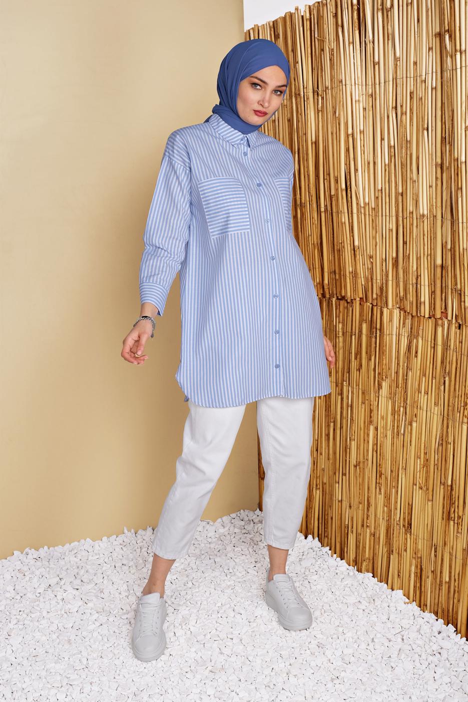 Hijab clothing BLUE STRIPED POCKET DETAIL TUNIC 8872 