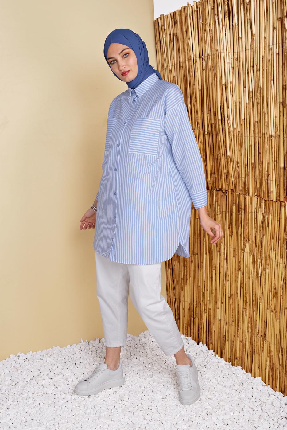 Hijab clothing BLUE STRIPED POCKET DETAIL TUNIC 8872 