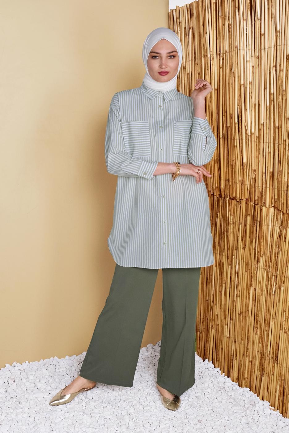 Hijab clothing GREEN STRIPED POCKET DETAIL TUNIC 8872 